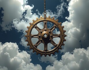 A large metallic gear hangs suspended in the sky among dramatic, sunlit clouds, emitting wisps of steam.