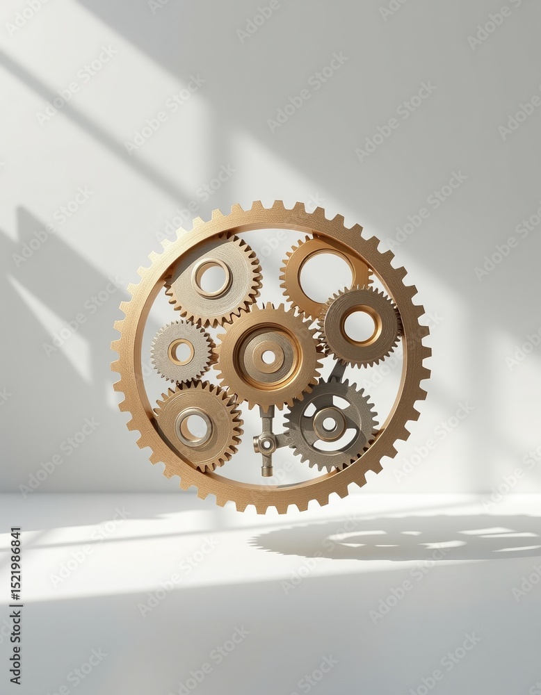 Poster a group of interconnected brass gears is arranged in a circle, casting a shadow on a white surface i