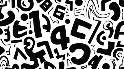 Retro abstract black and white pattern background with scattered symbols, shapes, letters and numbers. Trendy minimalist doodle texture for fashion design, packaging, posters, banners, flyers, busines