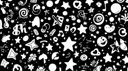 Retro abstract black and white pattern background with scattered symbols, shapes, letters and numbers. Trendy minimalist doodle texture for fashion design, packaging, posters, banners, flyers, busines