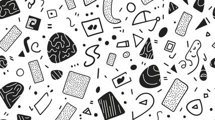 Retro abstract black and white pattern background with scattered symbols, shapes, letters and numbers. Trendy minimalist doodle texture for fashion design, packaging, posters, banners, flyers, busines