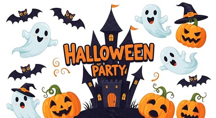 "Halloween Party Invitation – Cute Cartoon Vector on White Background"

