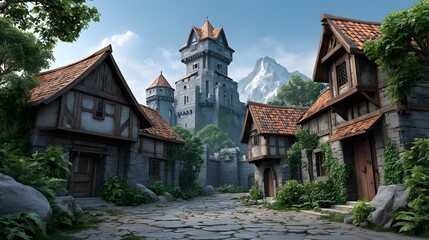Medieval Village Street Scene Stone Houses Cobblestone Path and Majestic Castle