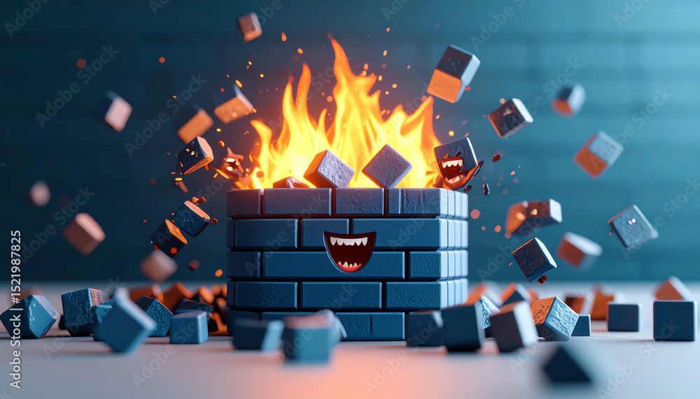Poster a whimsical scene featuring a smiling brick structure surrounded by flames and flying blocks, creati