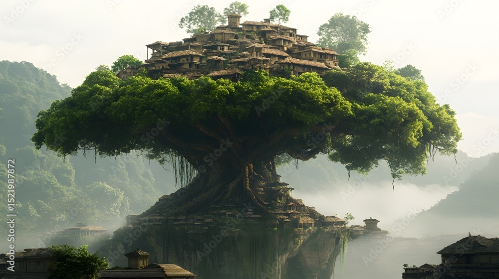 Poster a massive ancient tree with floating branches and an entire village on top