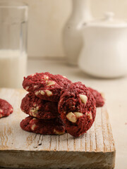 Red velvet cookies on white background