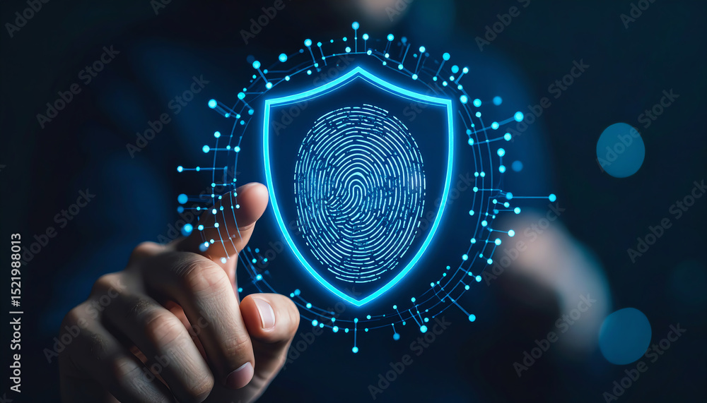 Poster a person points at a digital shield containing a fingerprint, symbolizing cybersecurity and data pro