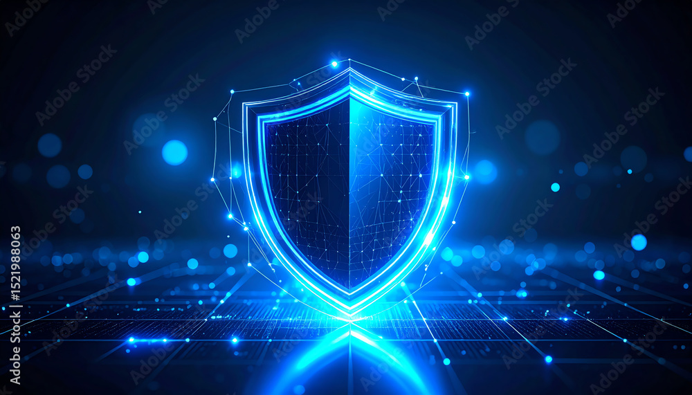 Poster digital shield design symbolizing cybersecurity, featuring glowing elements against a dark backgroun