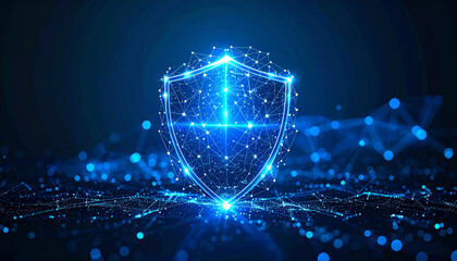A glowing blue shield made of interconnected lines and dots, symbolizing protection and cybersecurity in a digital landscape