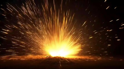 Fiery explosion with radiating sparks against a dark background, resembling a volcano eruption or fireworks - Powered by Adobe