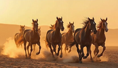 Obraz premium Majestic Horses Running Free at Sunset in a Desert Landscape