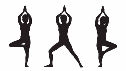 Fototapeta premium Silhouettes of three women performing different yoga poses with hands raised above their heads in black color