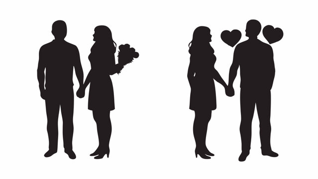 Silhouetted couples holding hands with flowers and hearts in a romantic relationship scene image art