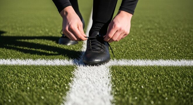 Soccer Player Tying Cleats on the Field Preparation and Focus