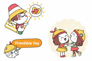 Naklejka premium Cartoon illustration showing friendship day with cute characters and sun with hearts in the background, vector art