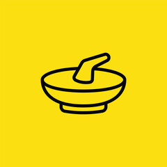 A simple line drawing shows a mortar and pestle on a yellow background, ideal for culinary or design projects.