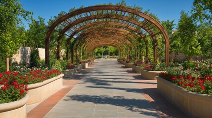 Fototapeta premium A beautiful garden walkway covered with wooden arched structures