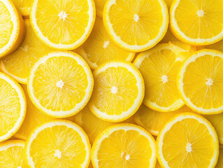 Freshly sliced lemons arranged in vibrant display, showcasing their bright yellow color and juicy texture