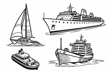 Obraz premium Outlined illustration showcasing a variety of different types of boats and ships at sea water, vector art