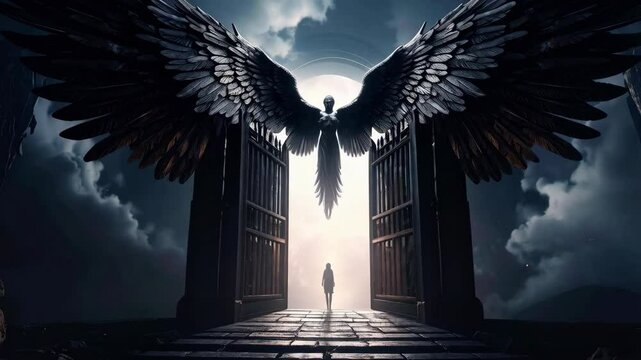 Ethereal figure with massive wings overlooks a solitary figure standing before an open gate and bright light beyond, amidst dark landscape.