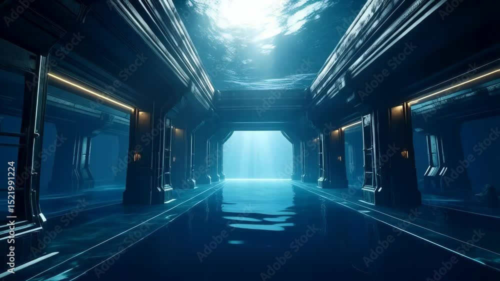 Poster underwater architecture in aquatic tunnel illuminated by sun rays, showing a futuristic building wit