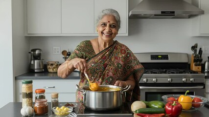 Senior Indian Woman Cooking with Stainless Steel Pot in Bright Kitchen Surrounded by Vegetables Homemade Culinary Dish Recipe With Positive Emotion - Powered by Adobe