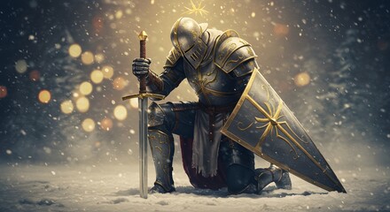 Knight kneeling in snowy woods sword planted