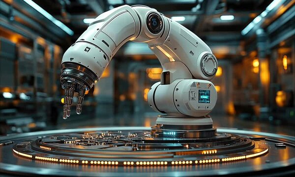 High precision robotic arm operating on circular digital platform in futuristic industrial facility for automated assembly technology. Advanced robotics and industrial automation concept