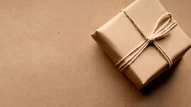 Minimalist gift wrapping using light brown paper and twine on kraft paper background for holidays or special events.