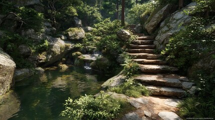 Sunlit forest path through mossy rocks