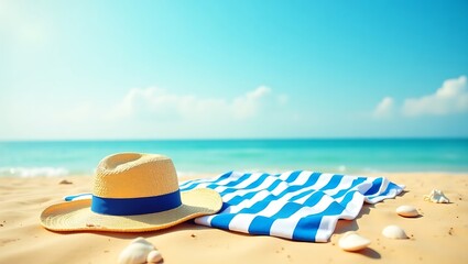 Obraz premium Blue and white striped towel with straw hat on beach sand