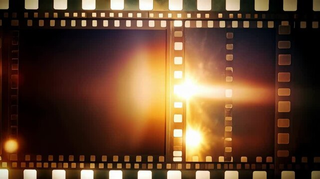 Aged film strip with a bright lens flare, cinematic effect, perfect for vintage movie backgrounds, trailers and other creative projects, nostalgia theme, texture.