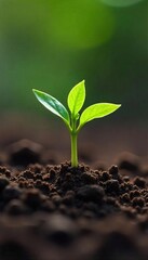 Fototapeta premium A single, tiny sprout emerges from rich soil, symbolizing the fragile beginning of new life and the potential for growth and strength , roots, tiny