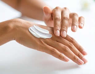 Woman Rubbing White Cream on Hand Skin