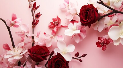 Close up of red roses and white and pink blossoms on a light pink background in a floral arrangement