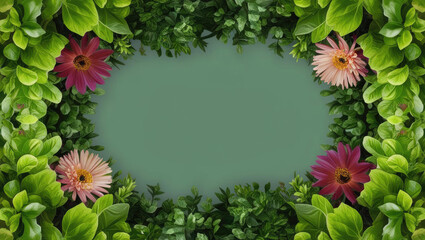 Floral Frame Background with Copy Space, Featuring Greenery and Pink Gerbera Daisies