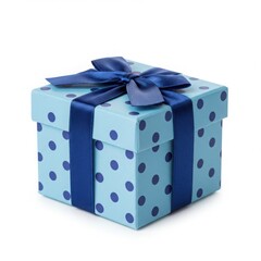 A light blue gift box with dark blue polka dots and a dark blue ribbon and bow