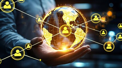Hands holding glowing globe with connected user icons, symbolizing global network and communication - Powered by Adobe