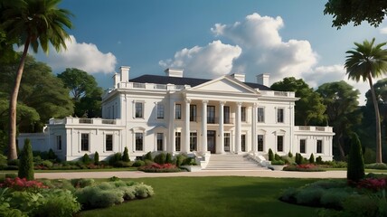 White Neoclassical Mansion with Grand Entrance and Lush Landscaping.