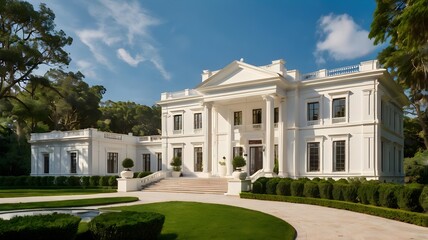 White Neoclassical Mansion with Grand Entrance and Lush Landscaping.