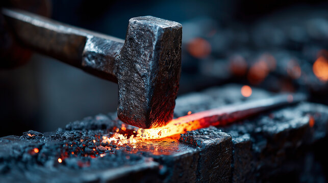 Hot metal being hammered on anvil in blacksmith workshop, glowing sparks flying as metal is shaped with intense heat and force