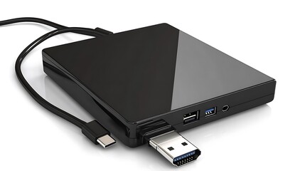Black Docking Station with Cables Featuring USB, USBC, and HDMI Ports on a White Surface