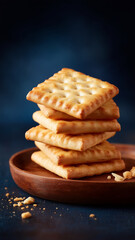 Golden crispy crackers stacked on wooden plate with crumbs scattered
