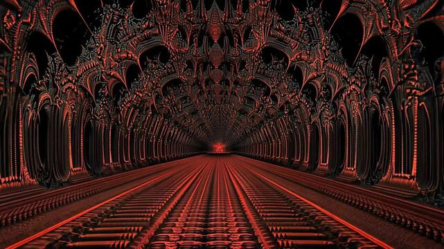 Intricate dark red and black gothic tunnel with ornate arches and glowing lines