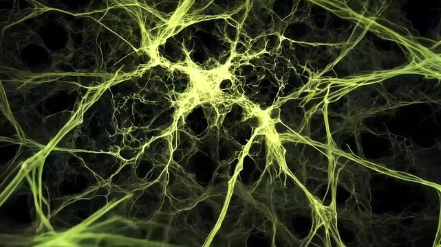 Intricate glowing lime green web-like strands on a black background, resembling neurons or a complex network