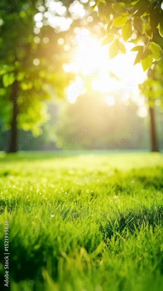 Poster sunlight shines through green trees illuminating a lawn of grass. bokeh effect emphasizes depth of f