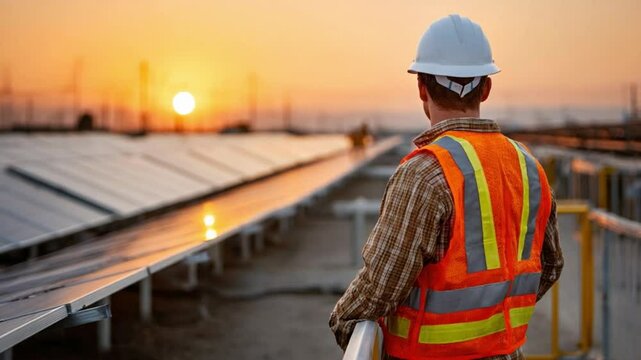 Sunrise Supervisor: An industrial worker, clad in safety attire, gazes toward the vibrant sun, overseeing solar panels and embodying sustainability and industriousness.