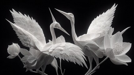 Elegant white birds, possibly cranes, amidst stylized floral blossoms, captured in a monochrome, intricate design