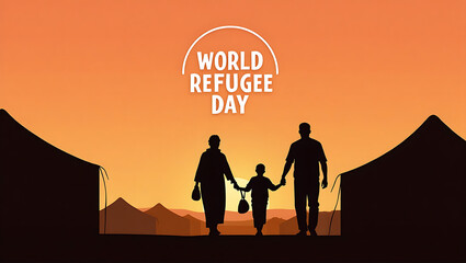 World refugee day, a family silhouette stands against an orange background, surrounded by homes, symbolizing displacement and the human experience