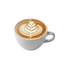 Hot cappuccino with latte art served in a white cup